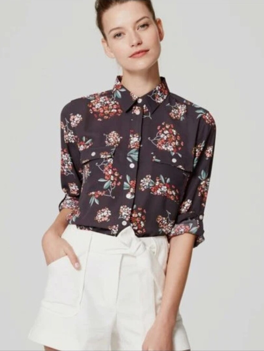 LOFT Dark Plum Floral Button-Down Shirt (T52)